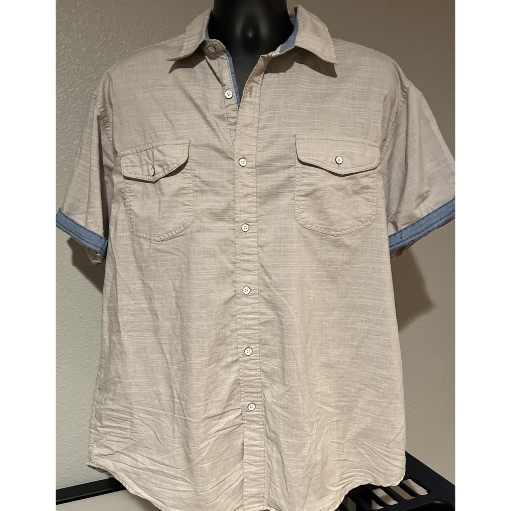 PD&C Button Up Shirt Mens 2X Tan Excellent Short Sleeve Stretch Slub Texture